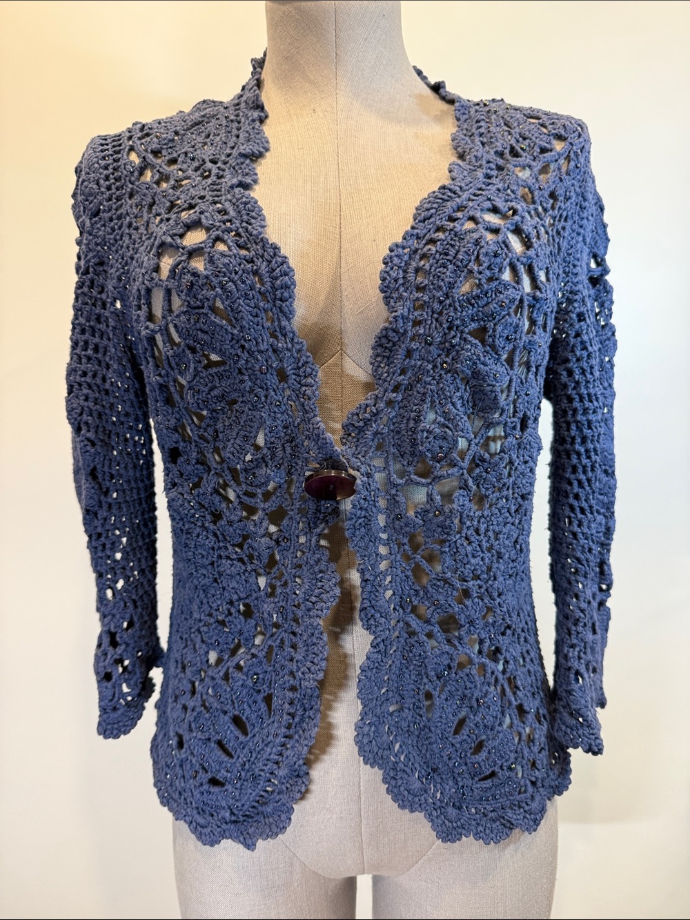 Jana Beaded Crochet Cardigan | Large | Blue | Boho Open Front